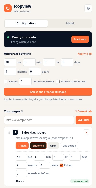 LoopView popup with pages and timings